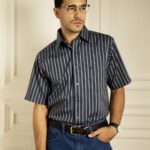 Kemeja Lengan Pendek Pierre Cardin TechnoShirt Bold Stripe - Navy Cotton Smart Casual